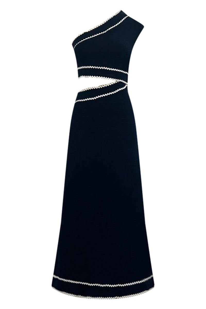 One Shoulder Ric Rac Trimmings Sleeveless Maxi Dresses-Navy Pre Order