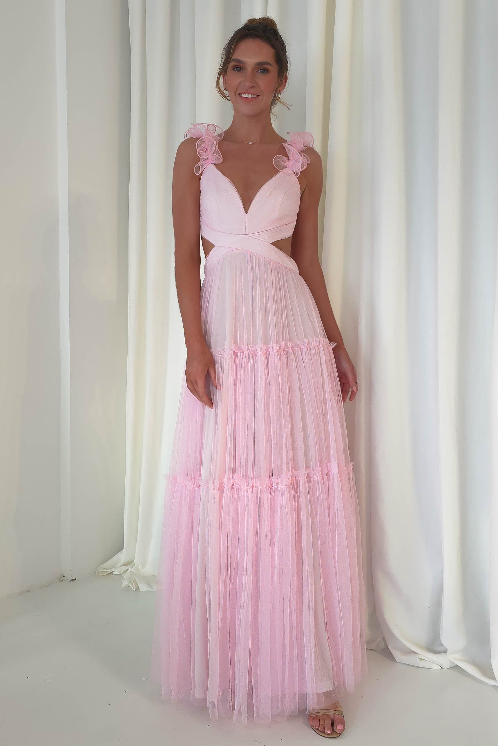 Petal Straps Deep V Neck Backless Tulle Gowns Maxi Dresses-Orange Pre Order