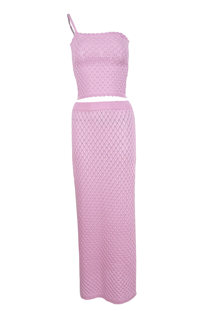 Knit Plaid Pattern One-Shoulder Strap Crop Top Vacation Maxi Skirt Matching Set-Pink