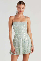 Floral Sequins Cami Lace Up Backless A-Line Garden Party Mini Dresses