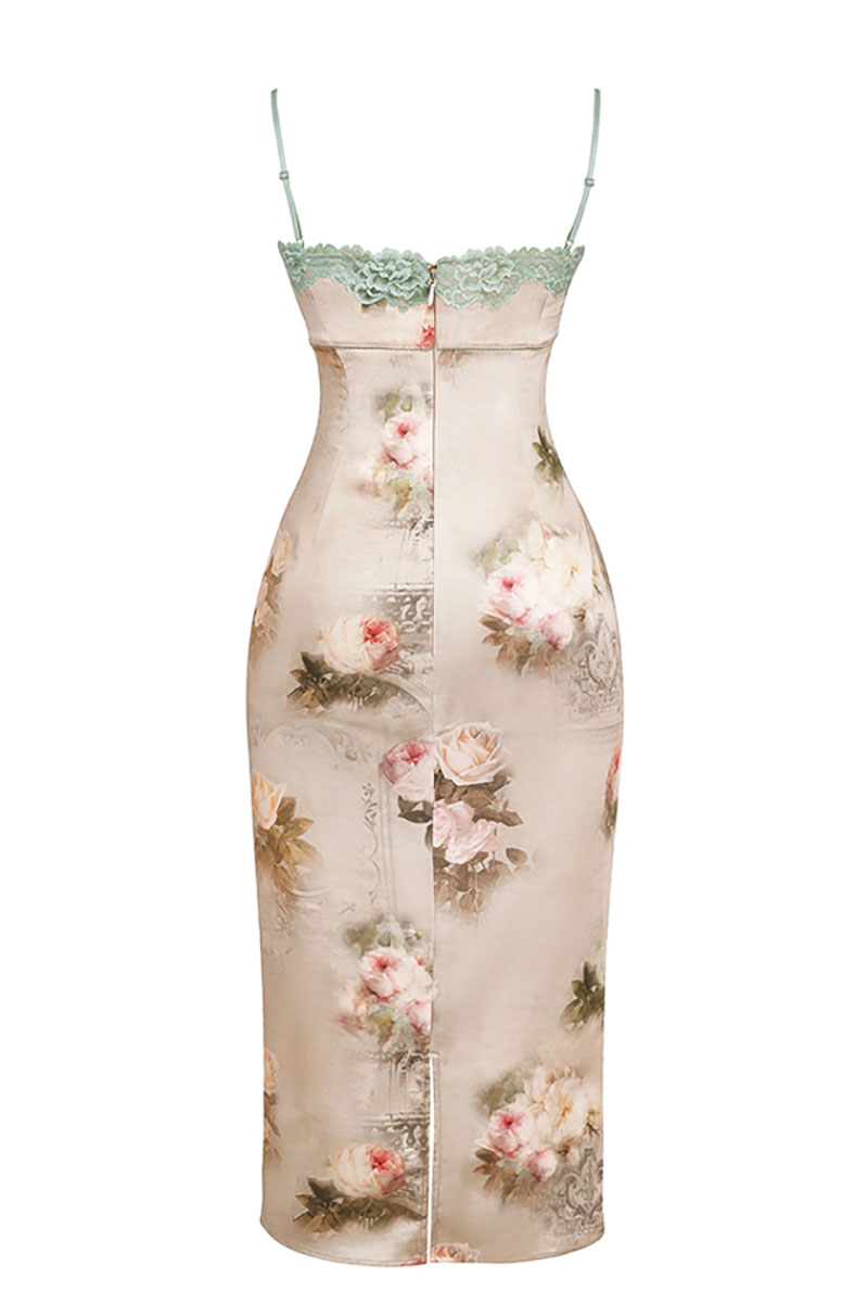 Floral Print Lace Trim Bustier Cocktail Party Cami Midi Dresses