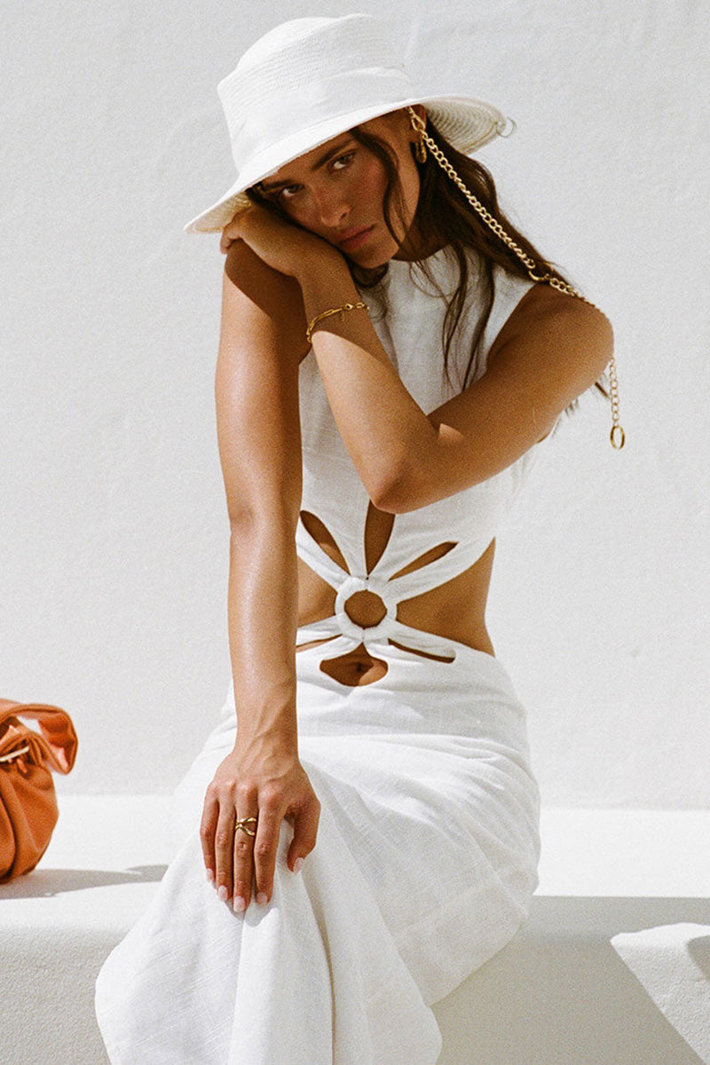White Cutout Hollow Out Tied Up Sleeveless High Neck Slit Slim Maxi Dresses