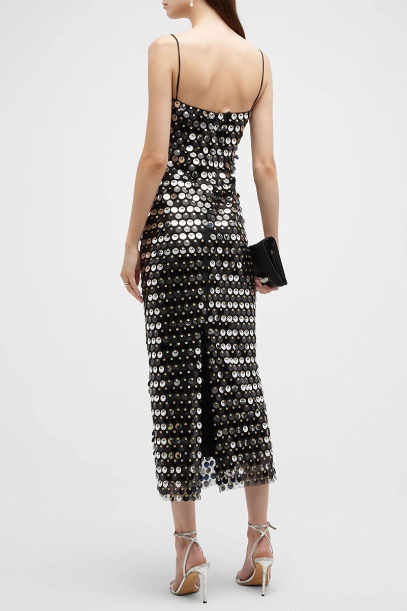 Sequins Spaghetti Strap Slim Fit Birthday Party Midi Dresses-Silver