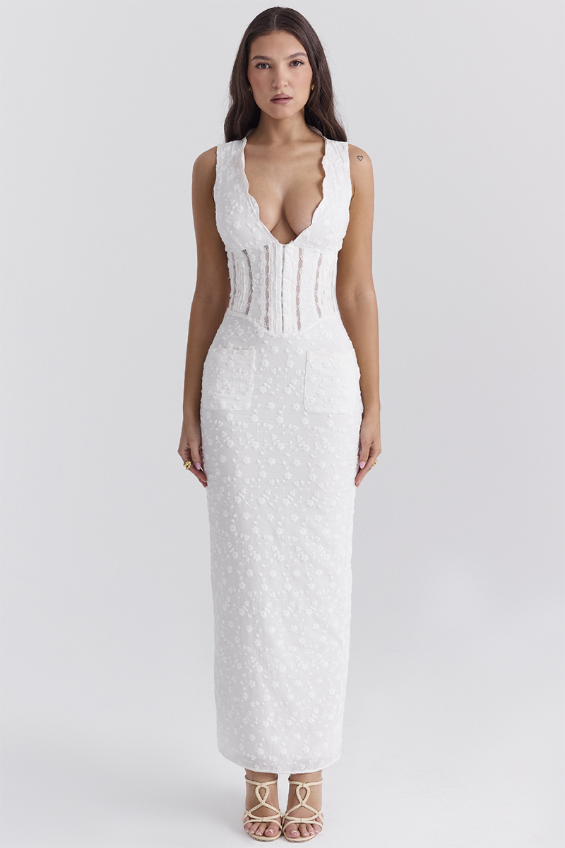Deep V Neck Cinch Waist Floral Embroidery Maxi Tank Dresses-White