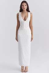 Deep V Neck Cinch Waist Floral Embroidery Maxi Tank Dresses-White