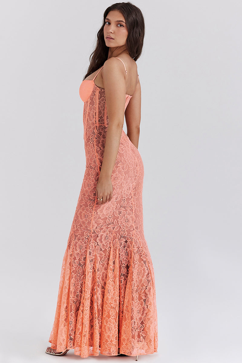 Floral Guipure Lace Corset Party Fishtail Maxi Slip Dresses-Coral