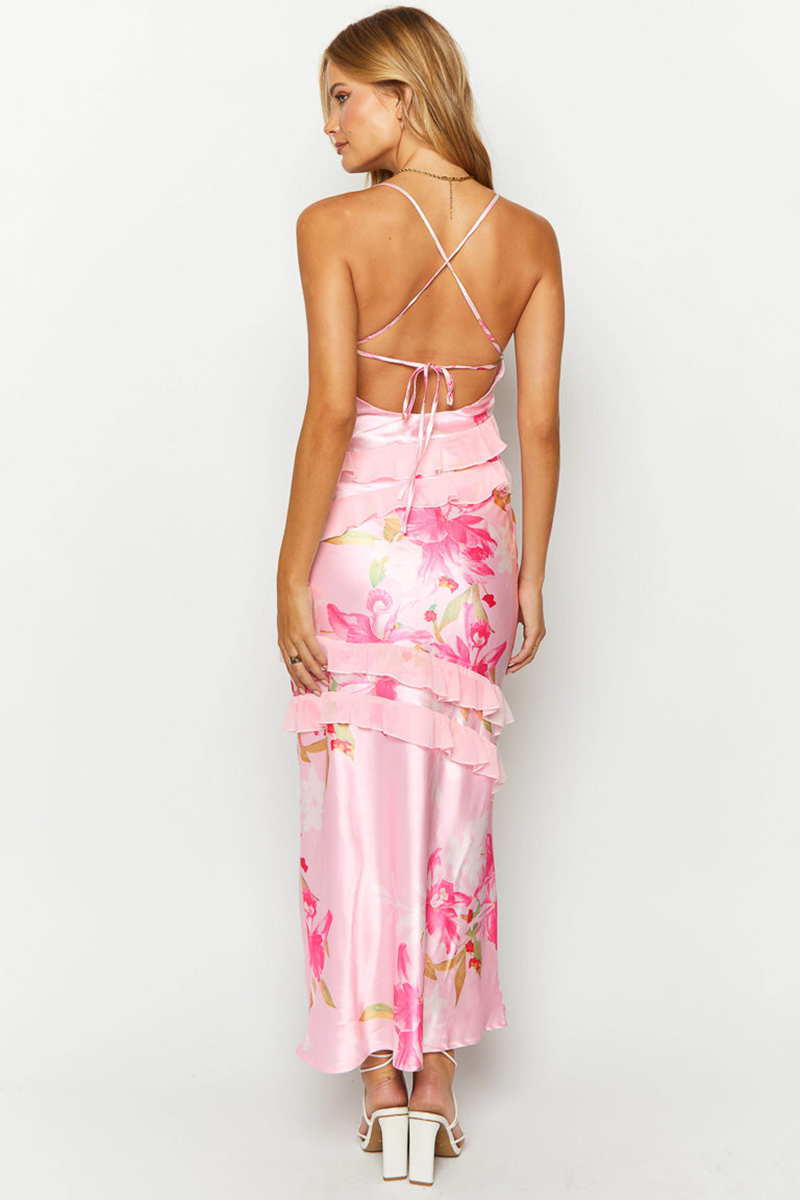 Floral Print Asymmetric Flounced Trim Backless Slip Maxi Dresses-Pink