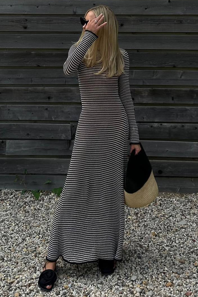 Knit Striped Pattern Long Sleeve Slim Fit Vacation Maxi Dresses-Black