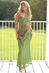Floral Print Irregular Tied Neck Bodycon Maxi Dresses-Green Pre Order
