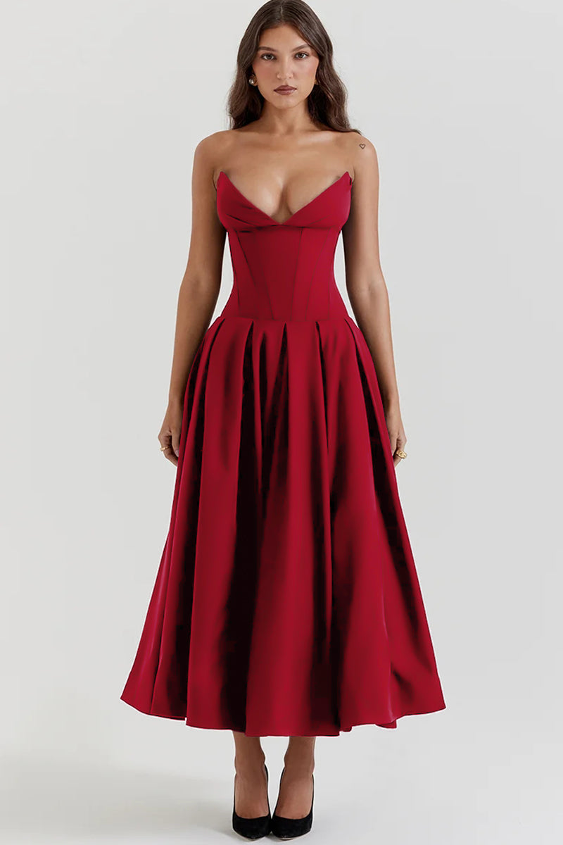 Deep V Neck Strapless Corset A-Line Pleated Midi Dresses-Black