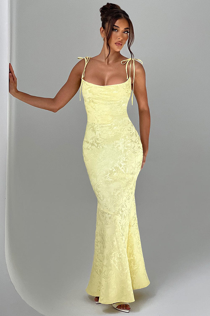 Lace Up Spaghetti Strap Slim Fit Jacquard Maxi Dresses-Yellow