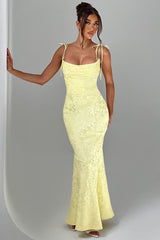 Lace Up Spaghetti Strap Slim Fit Jacquard Maxi Dresses-Yellow