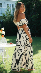 Doodle Printed Off-shoulder Maxi Dress Matching Set