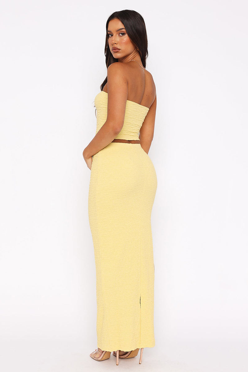 Textured Crop Tube Top Split Bodycon Maxi Skirt Matching Set-White