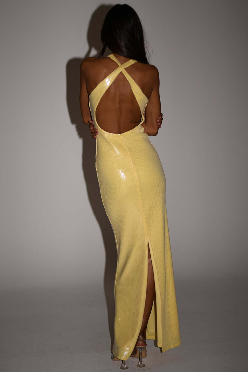 3D Flower Decor Deep V Neck Backless Sequin Gowns Maxi Tank Dresses-Yellow