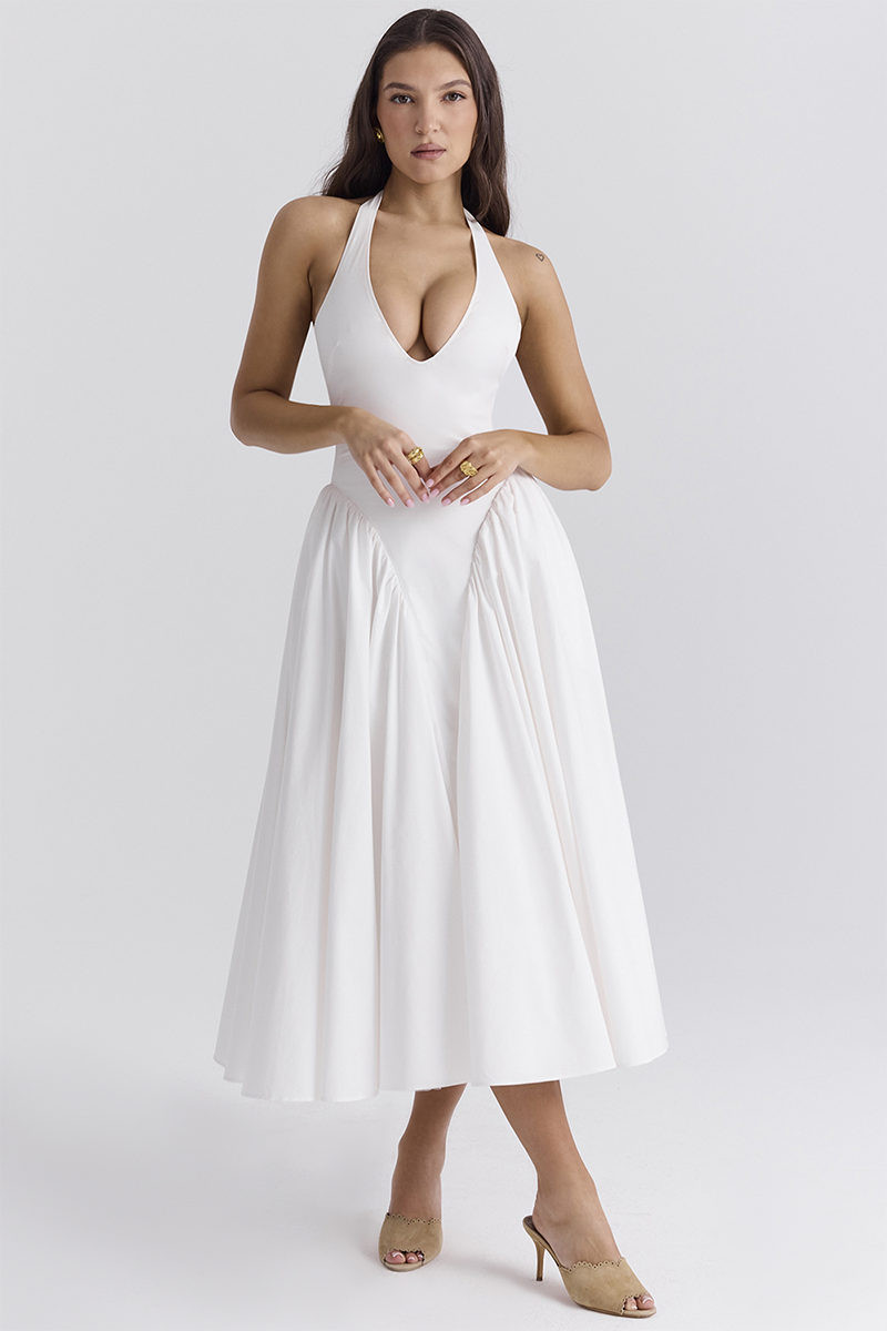 Deep V Neck Halter Cinch Waist Plain Midi Dresses-White