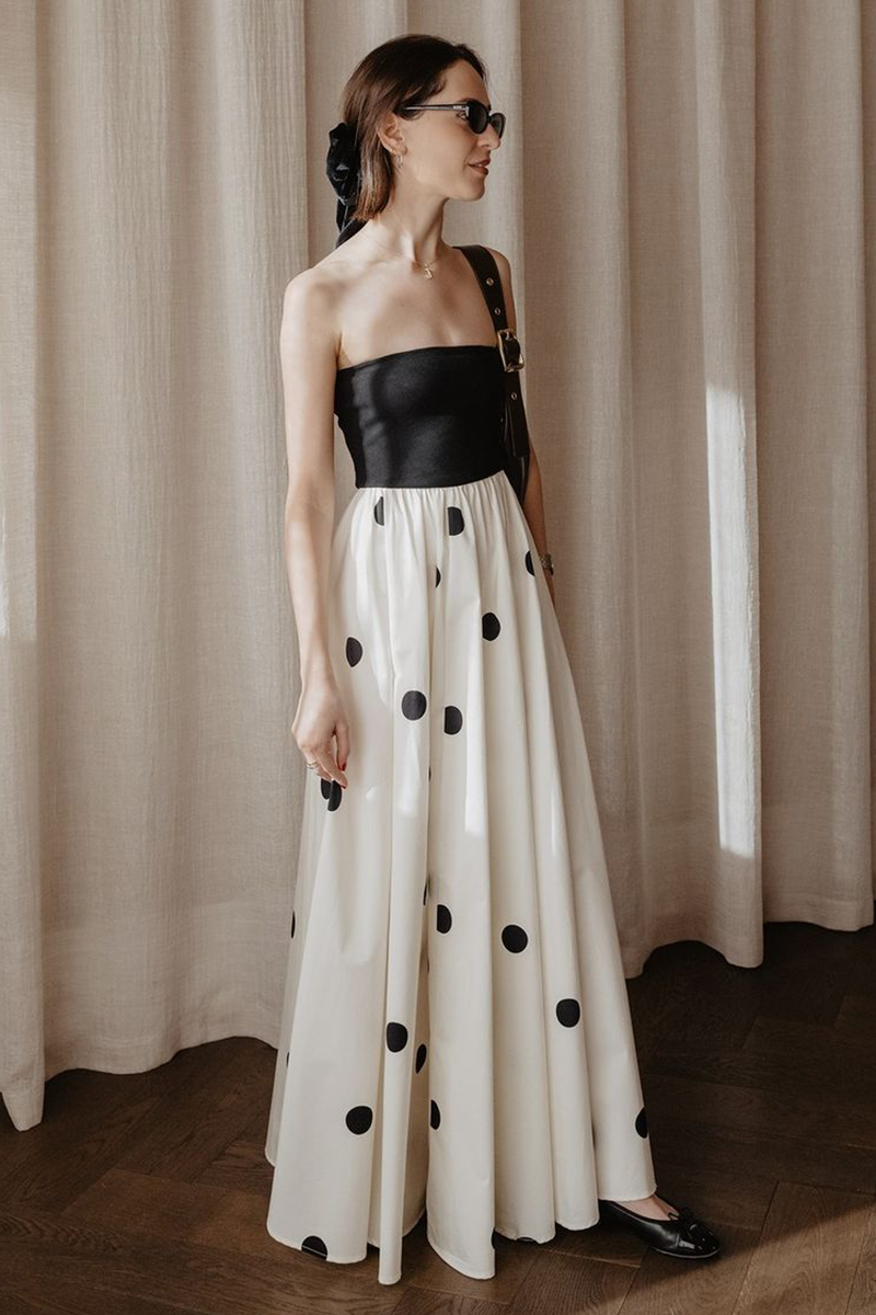 Strapless Colorblock Polka Dot Print A-Line Maxi Dresses-Black