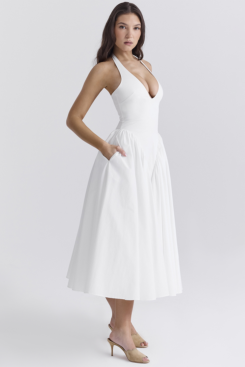 Deep V Neck Halter Cinch Waist Plain Midi Dresses-White