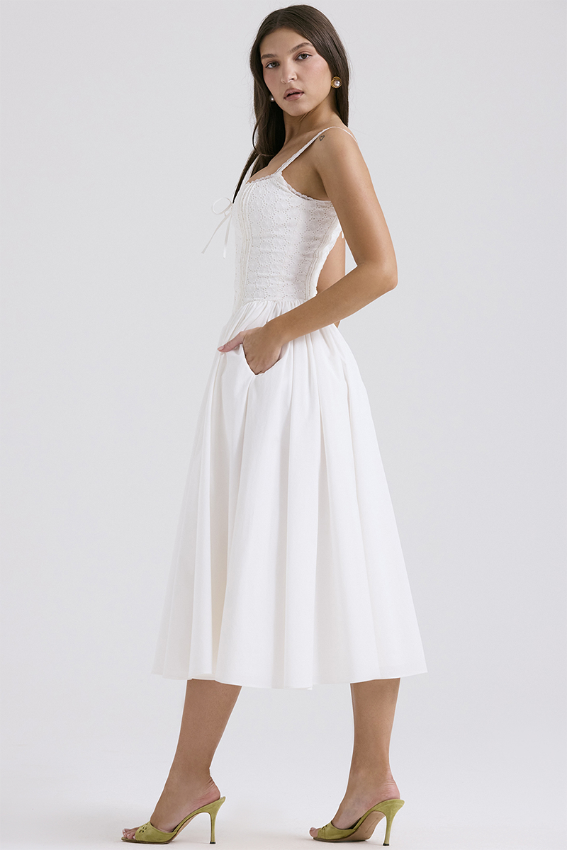 Lace Trim Front Lace Up Corset A-Line Slip Midi Dresses-White Pre Order