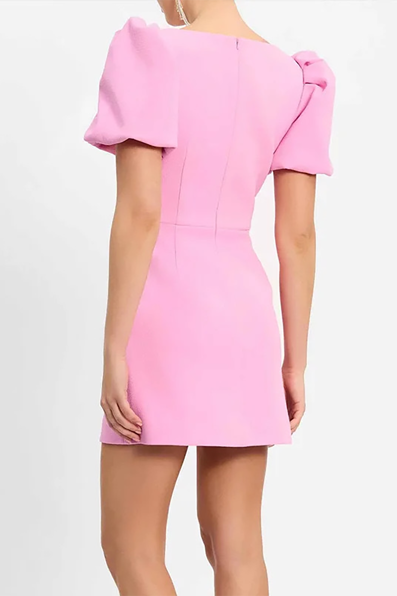 Irregular Neck Puff Sleeve Sequin Heart Pattern Slim Fit Mini Dresses-Pink