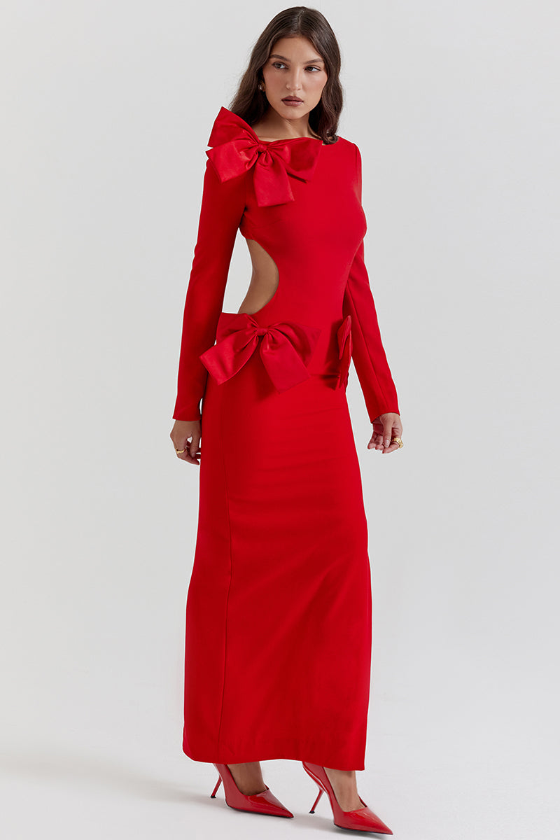 Bow Decor Long Sleeve Backless Slim Fit Side Slit Gowns Maxi Dresses-Red