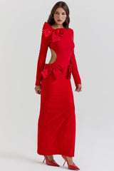 Bow Decor Long Sleeve Backless Slim Fit Side Slit Gowns Maxi Dresses-Red