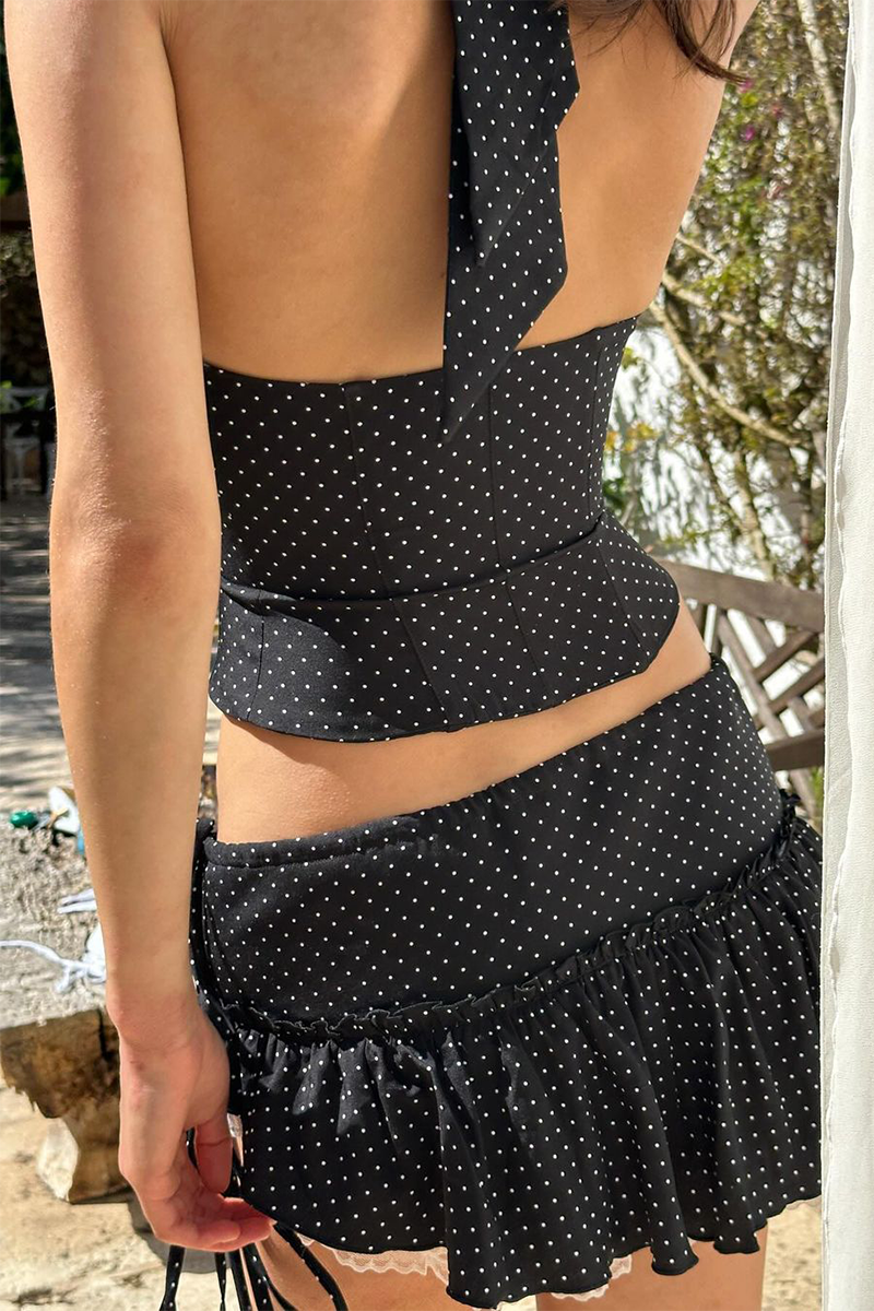 Polka Dot Print Halter Crop Top Mini Skirt Matching Set-Black