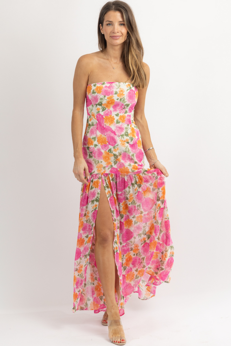 Floral Print Strapless Slit Side Flowy Maxi Dresses-Pink