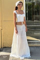 Lace Trim Front Lace Up Wide Strap Crop Top Ruffled Hemline Maxi Skirt Matching Set-White