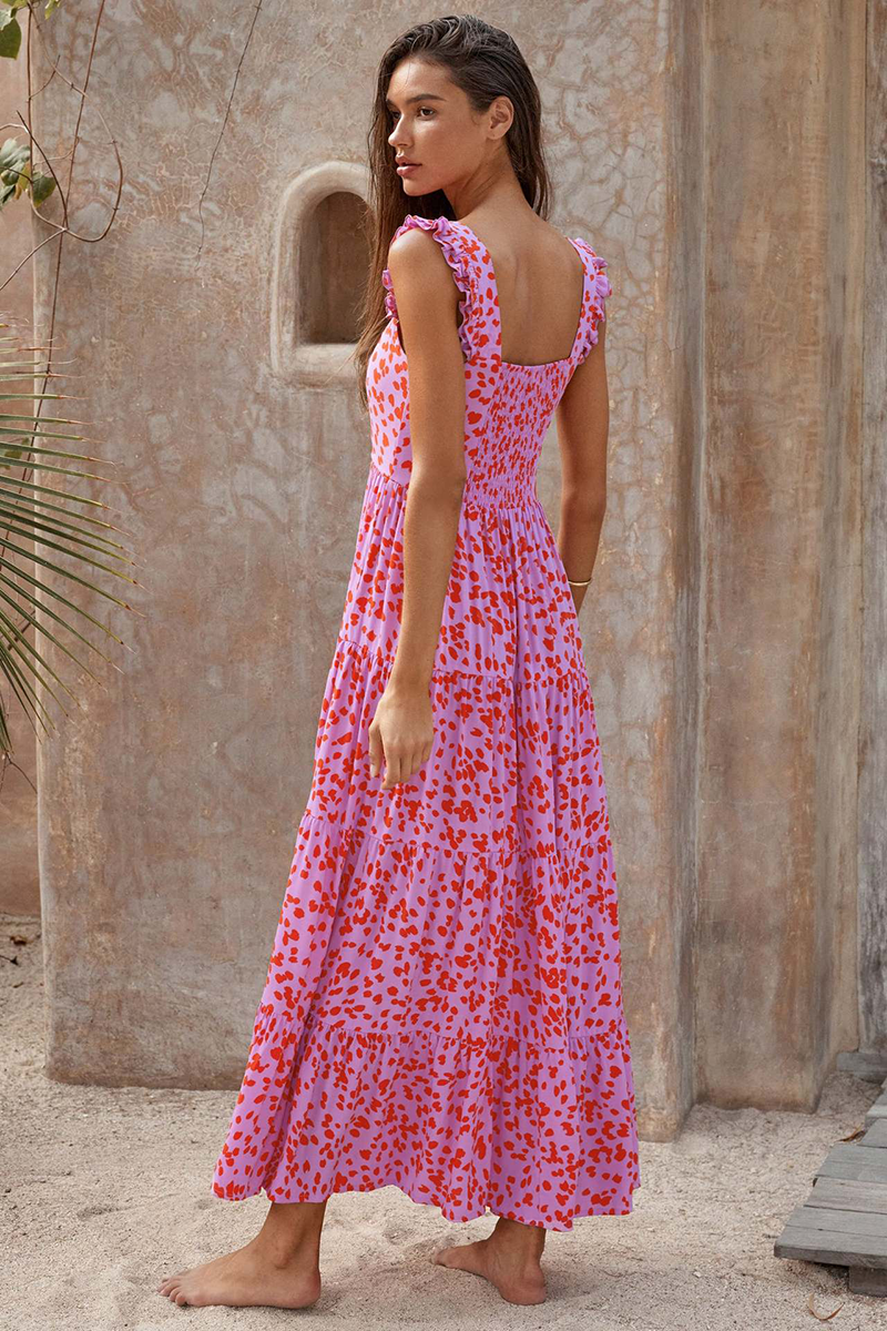 Wide Straps Square Neck Floral Print A-Line Flowy Maxi Dresses-Pink