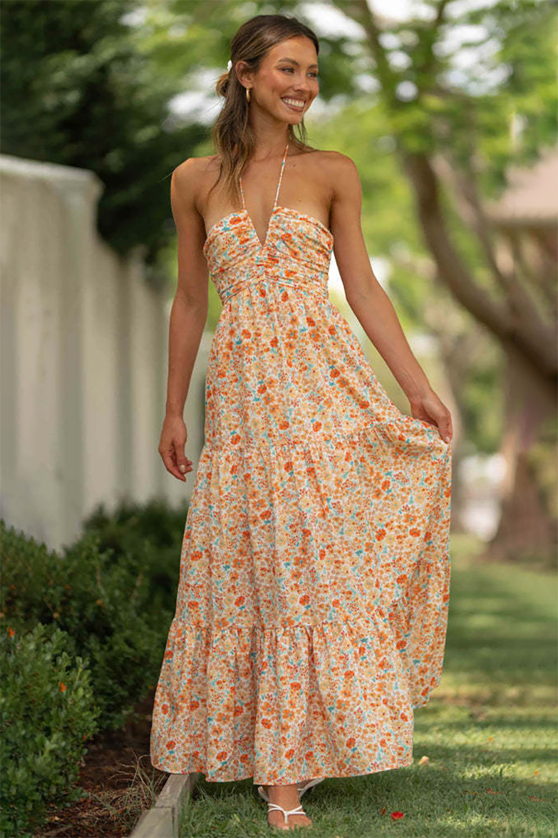V Neckline Halter Ditsy Floral Print Backless A-Line Maxi Dresses-Orange