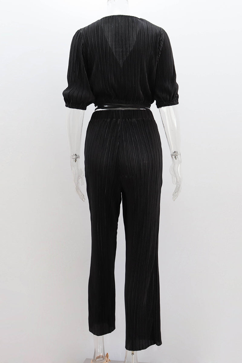 Haif Puffy Sleeve V Neck Tied Up Crop Top Straight Leg Pants Pleated Slim Matching Sets