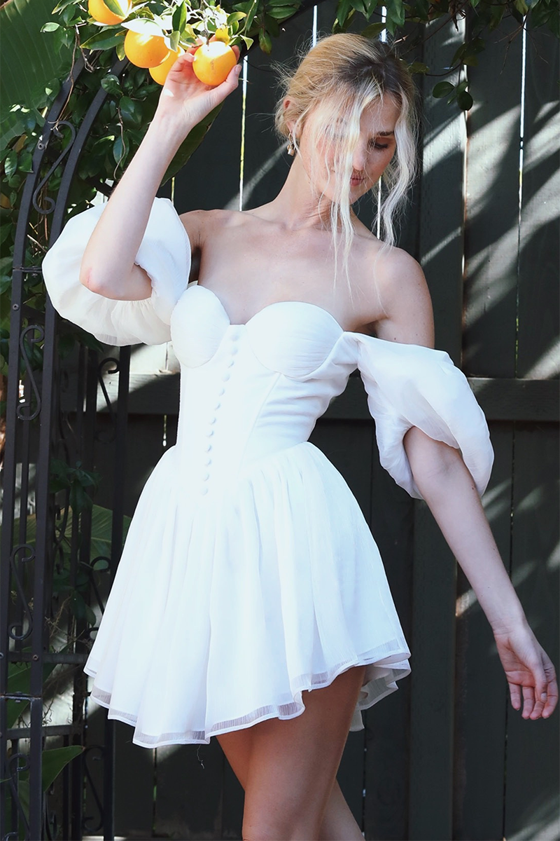 Puff Sleeve Button Asymmetric Hem Corset Mini Dresses-White Pre Order