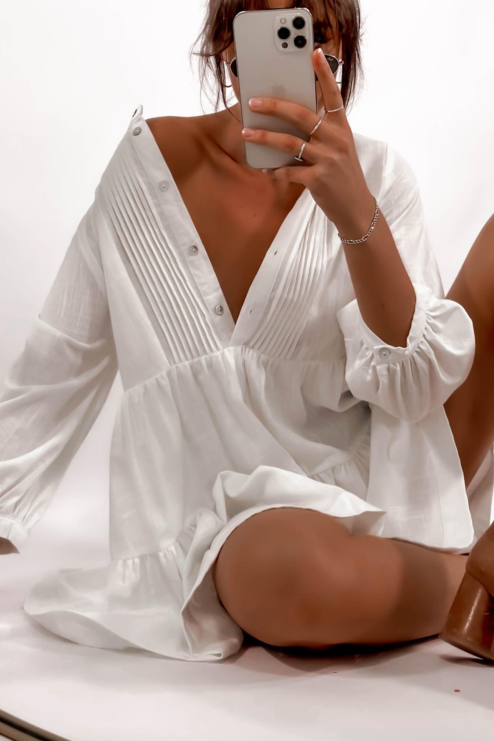 Long Sleeve Button White Mini Dresses