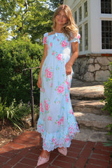 Floral Print Puff Sleeve Ruffle Hem Vacation Maxi Dresses-Blue