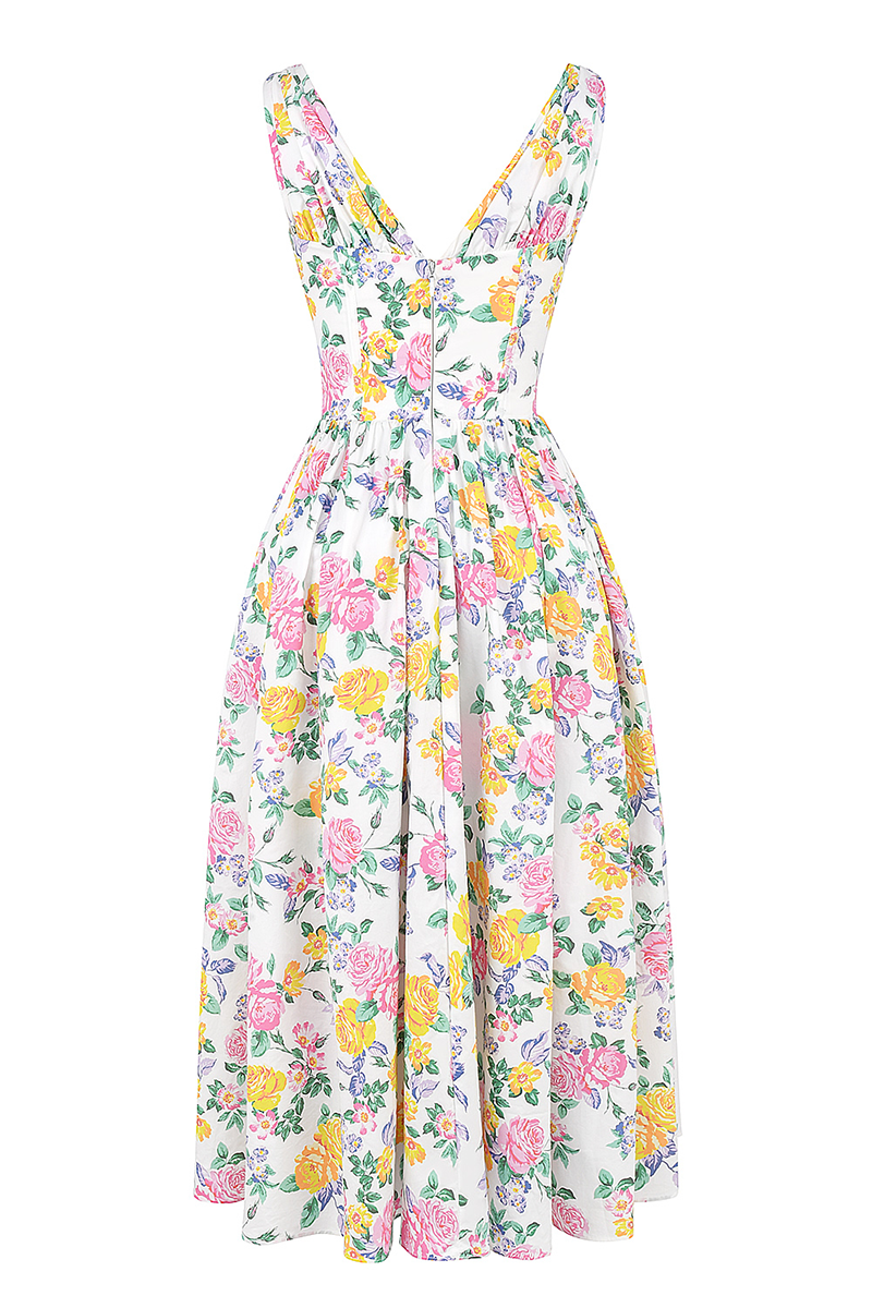 Floral Print Deep V Neck Corset Pocket Midi Tank Dresses-White