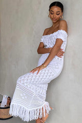 Off Shoulder Hollow Out Boho Knit Fringe Hem Vacation Maxi Dresses-White