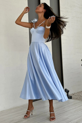 3D Flower Decor Corset A-Line Cutout Gowns Midi Slip Dresses-Blue