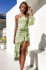 Y2K Fashions One Shoulder Print Irregular Ruffle Slit Midi Dresses