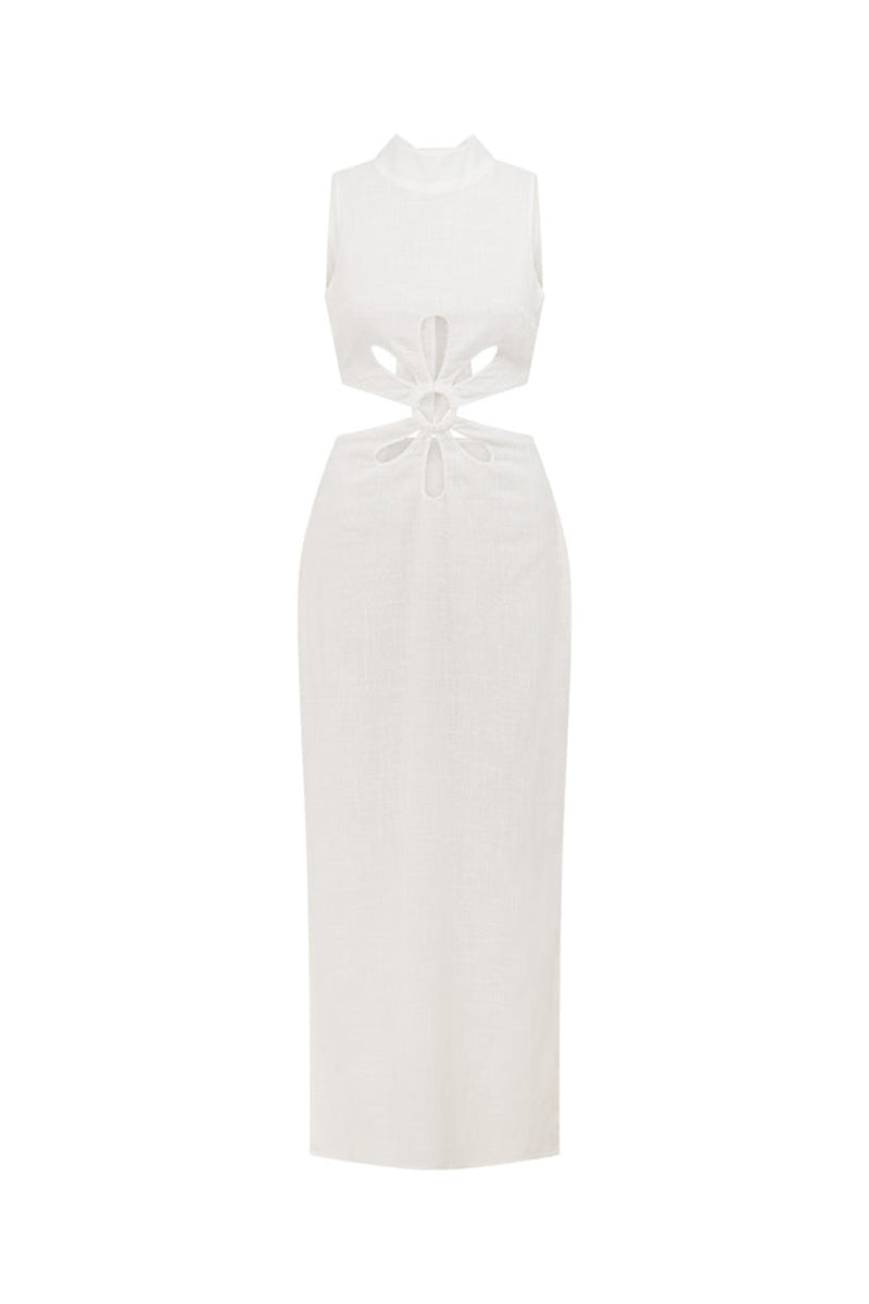 White Cutout Hollow Out Tied Up Sleeveless High Neck Slit Slim Maxi Dresses