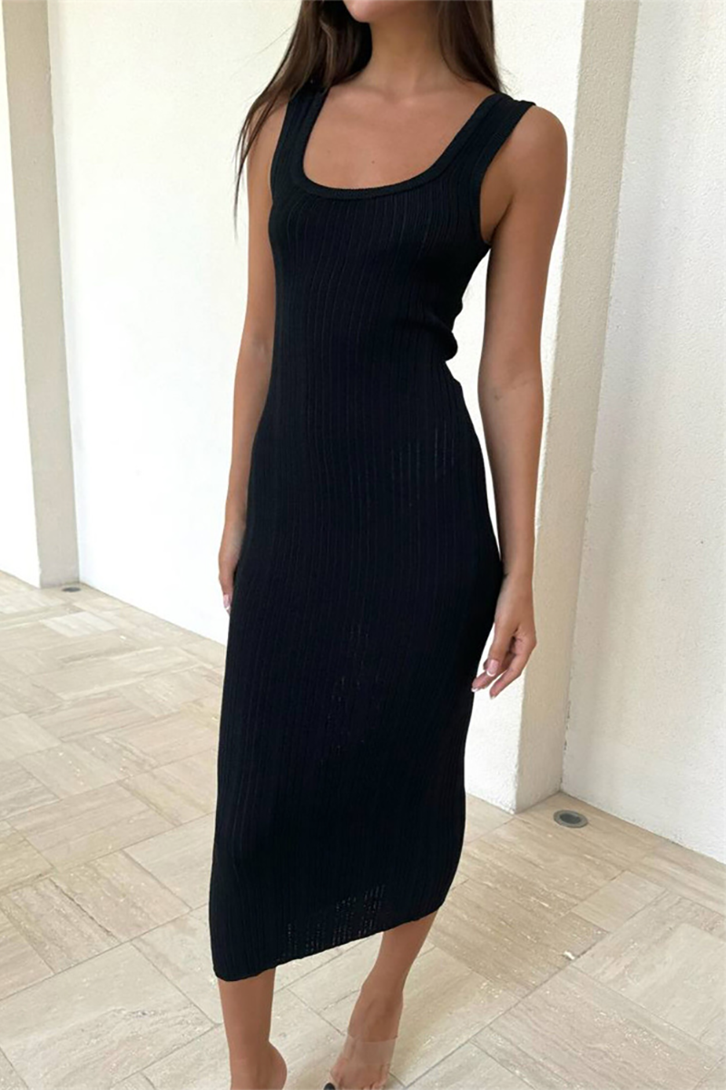 Pleated Knit Square Neck Bodycon Midi Tank Dresses-White