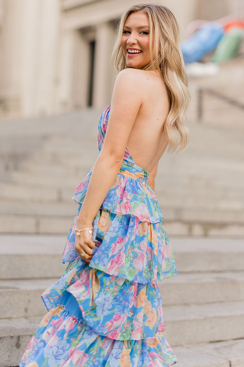 Halter Floral Print Backless Ruffle Layered Maxi Dresses-Blue Pre Order
