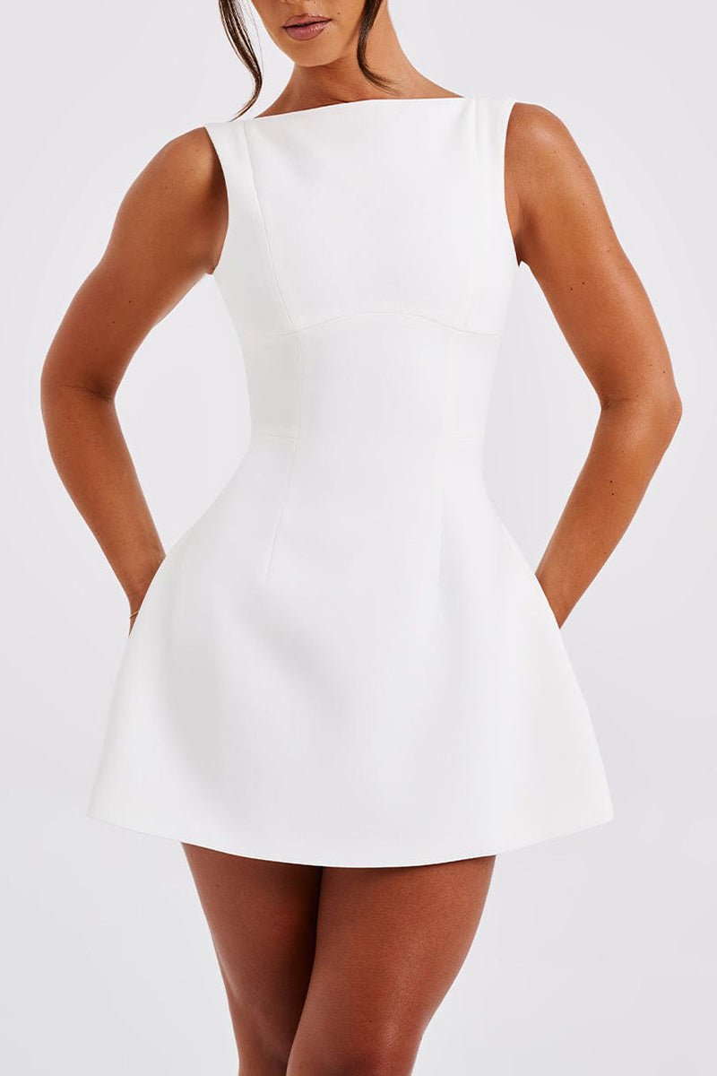 Solid Color A-Line Backless Mini Tank Dresses-White