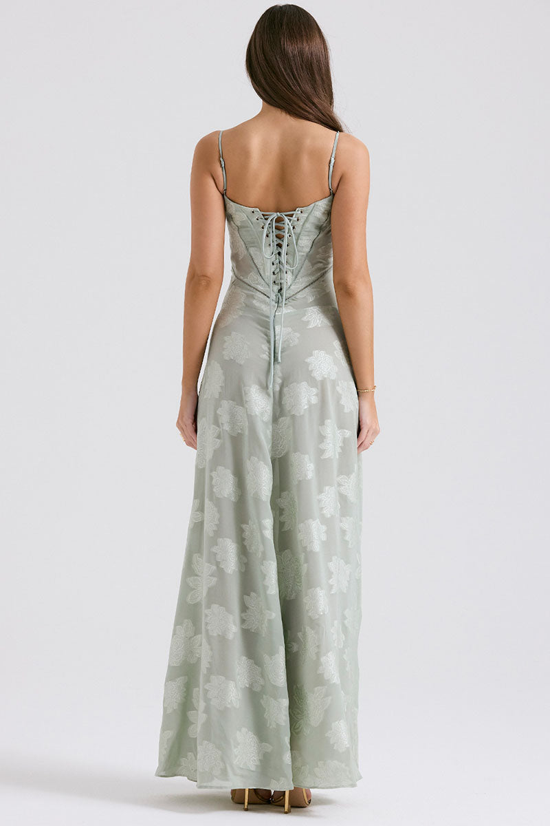 Elegant Floral Print Quilted Lace Up Back Formal Party Flowy Maxi Dresses-Green