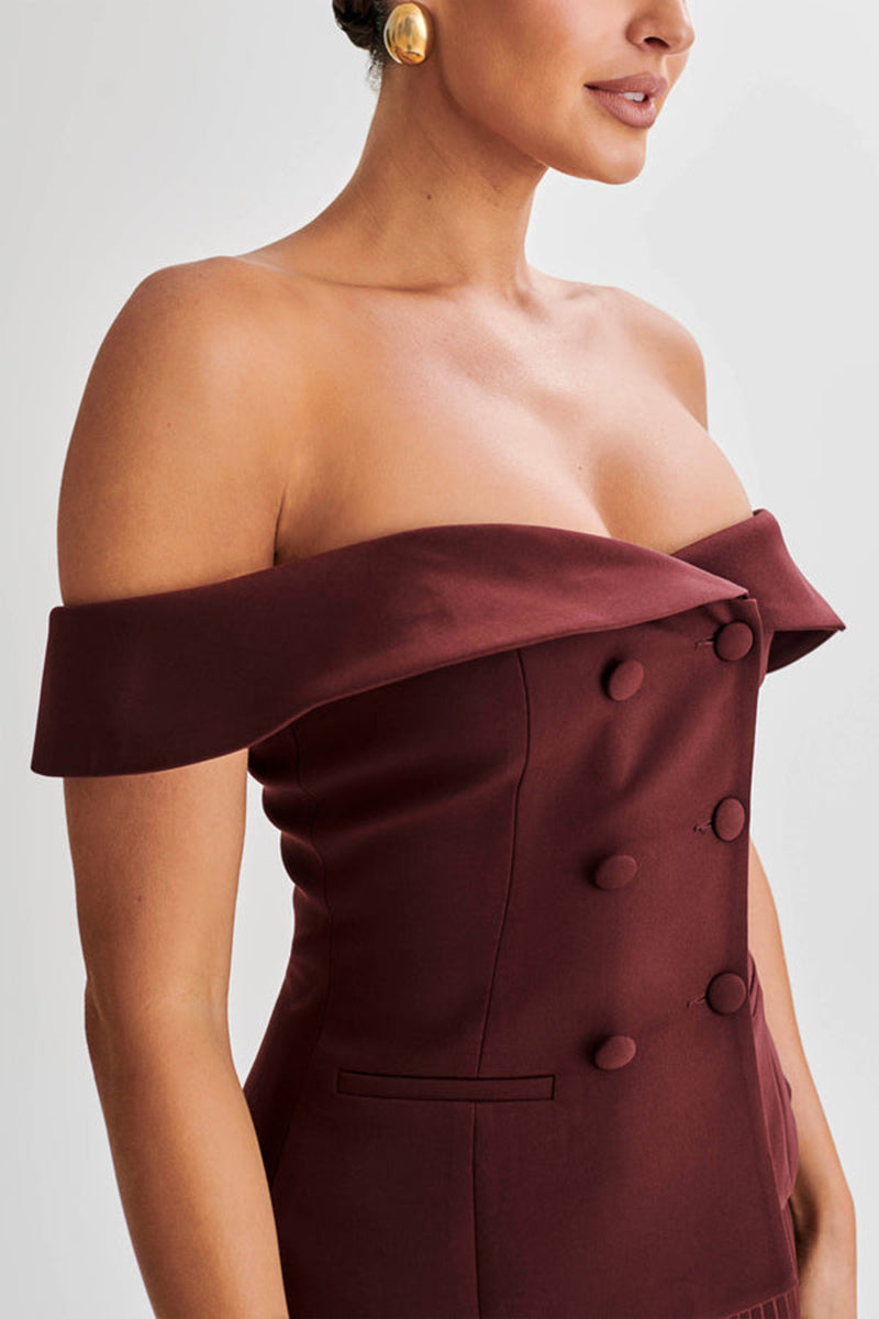 Off Shoulder Double Breasted Top Pleated Mini Skirt Matching Set-Burgundy