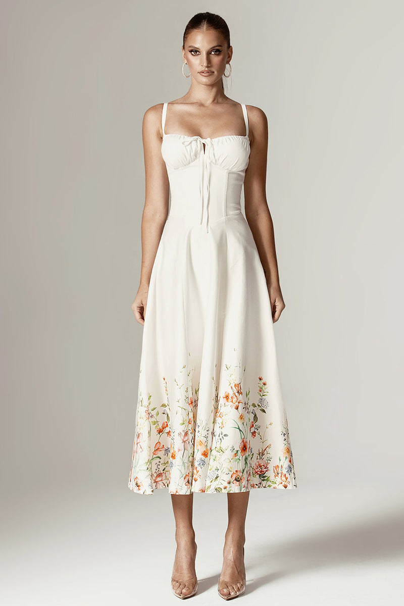 Floral Print Gathered Bust Corset A-Line Midi Slip Dresses-White