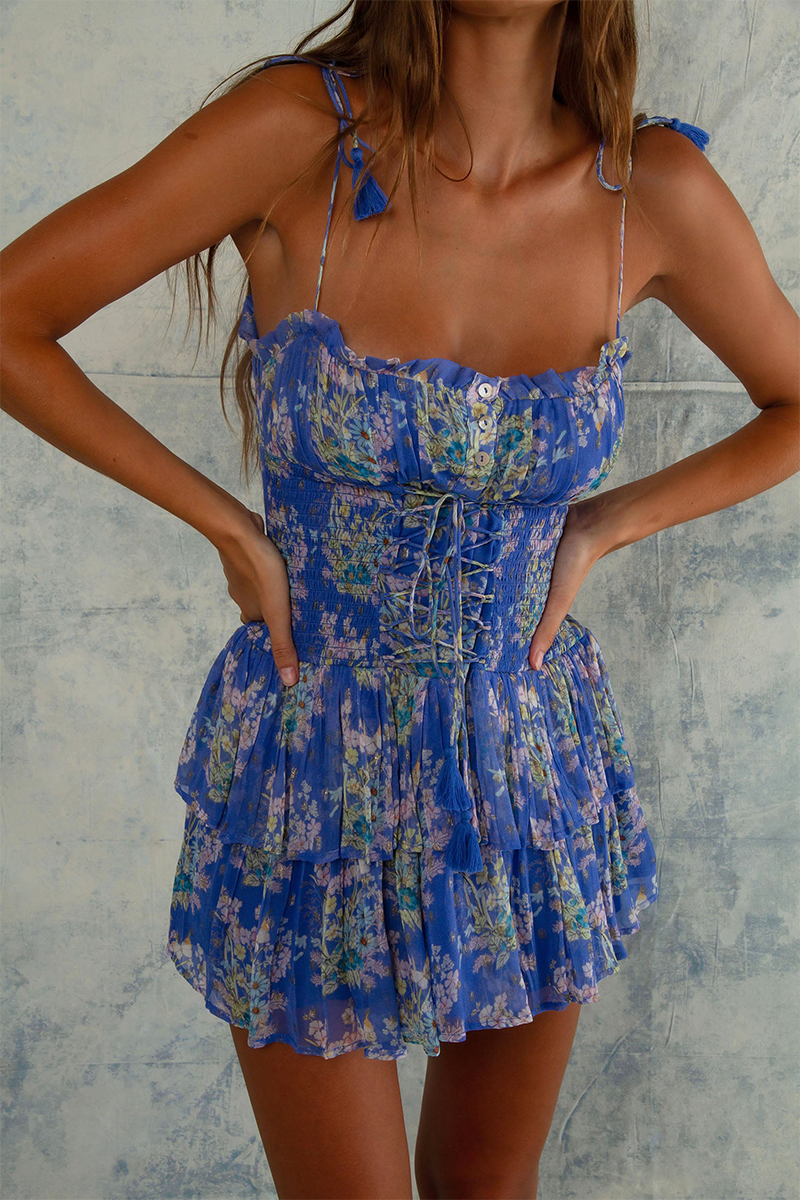 Floral Print Spaghetti Strap Slim Fit Tiered Ruffled Mini Dresses-Blue