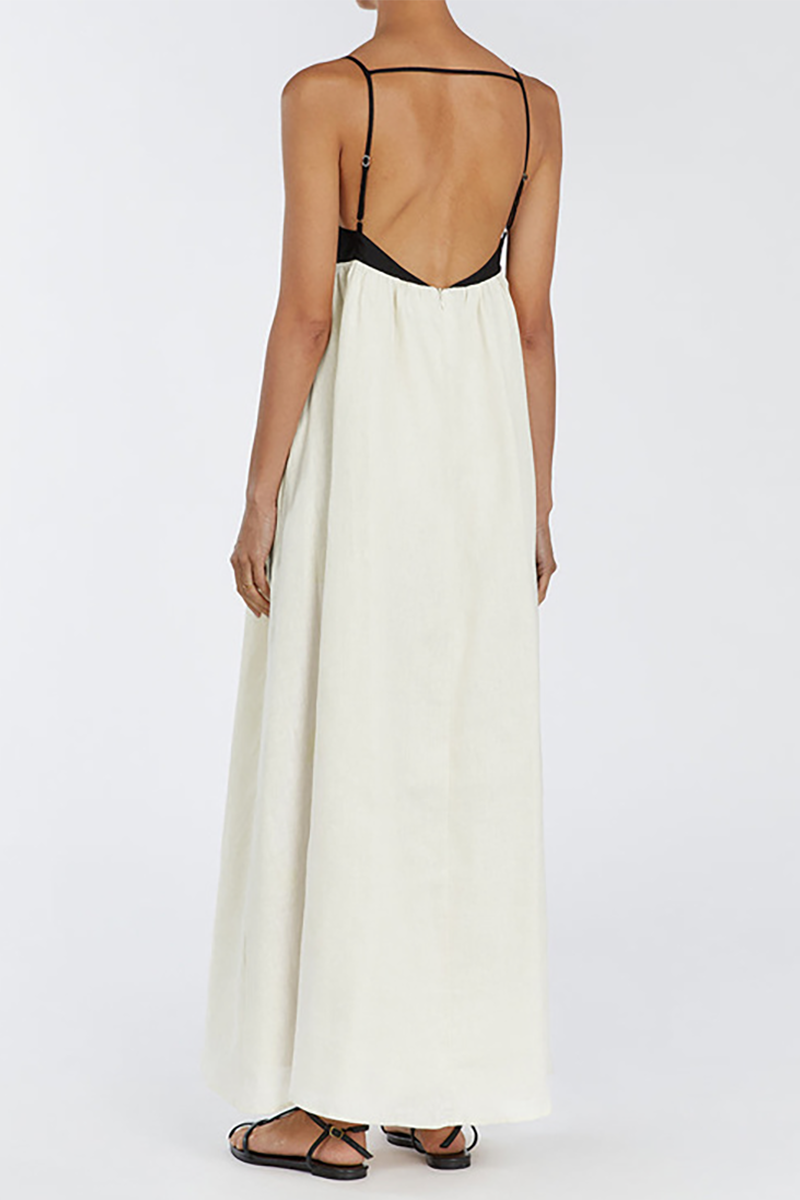 Spaghetti Strap Colorblock Loose Fit Open Back A-Line Maxi Dresses-Beige
