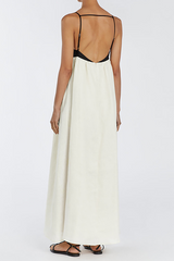 Spaghetti Strap Colorblock Loose Fit Open Back A-Line Maxi Dresses-Beige