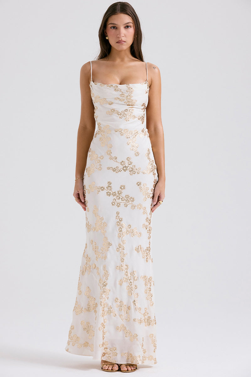 Shimmering Floral Pattern Lace Up Backless Fishtail Hem Slip Maxi Dresses-White